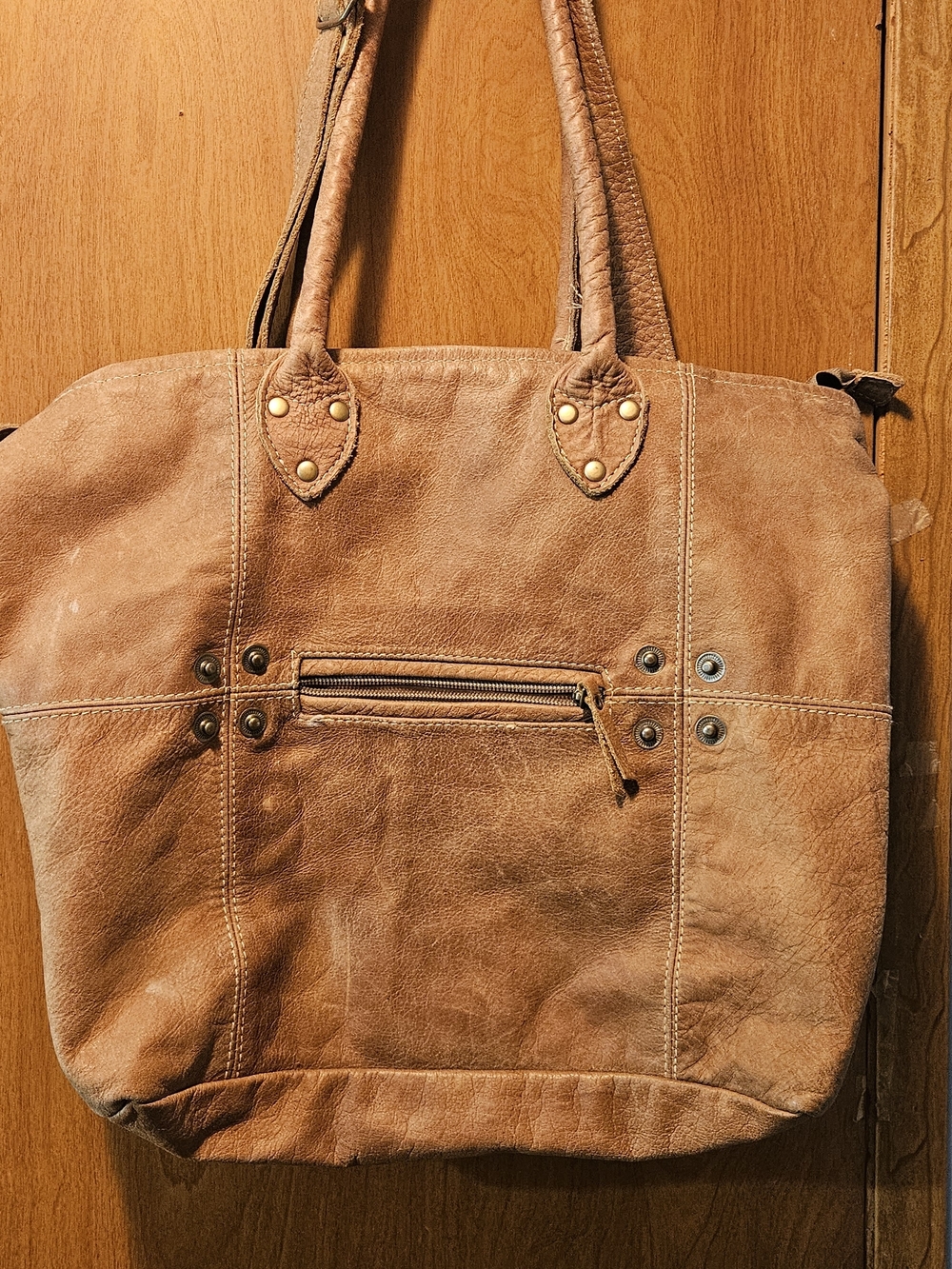 Myra Bag Tan Leather Tote with Brass Stud Accents